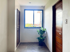 Bright hallway corner with natural light and potted plant near guest rooms