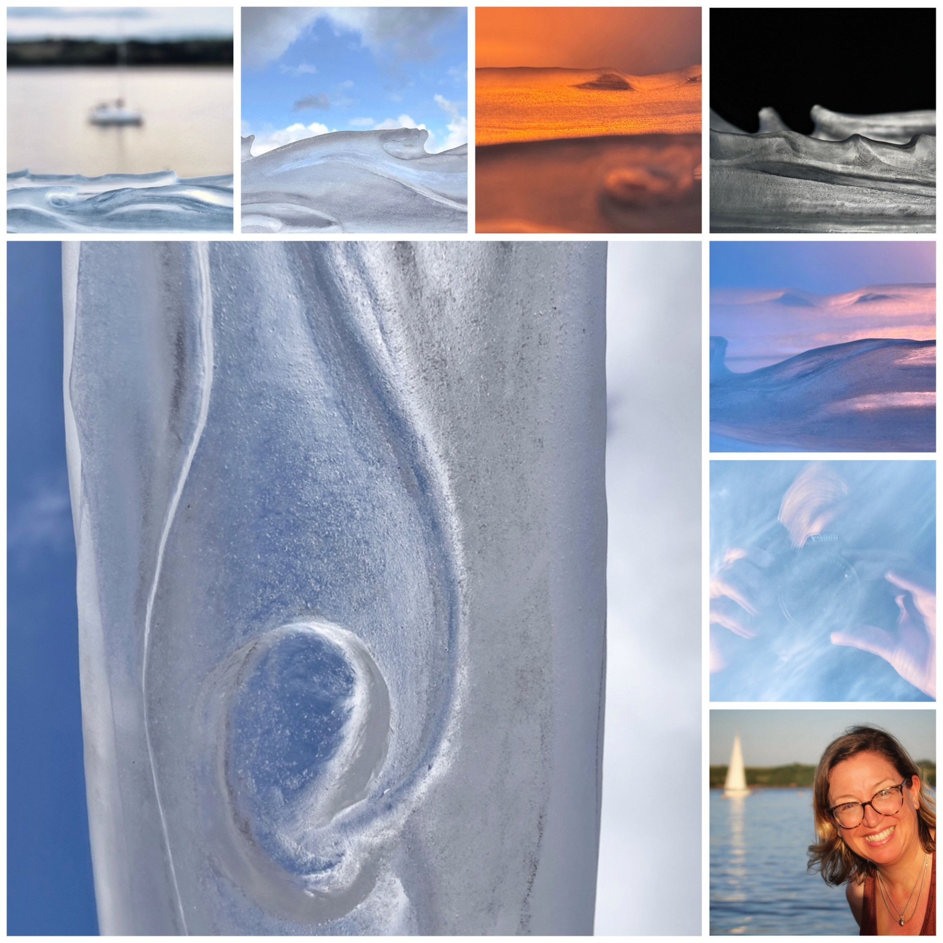 Collage of images by Debbie Geraghty of Tide sculpture by Gill Mannings Cox plus portrait of photographer & Emily Foulkes