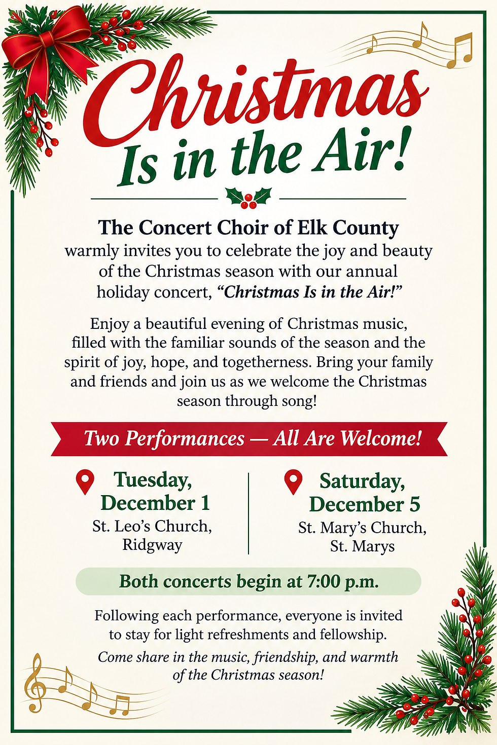 Elk County Concert Choir Christmas Concert December 1st & December 5th