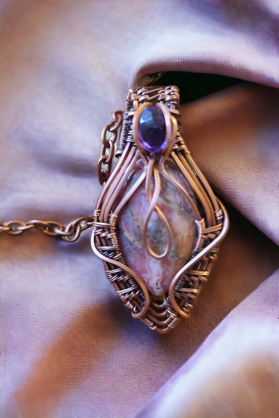 Thumbnail: Two Stone Rhodochrosite & Amethyst Pendant