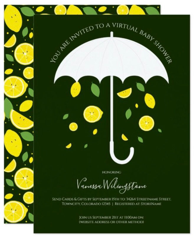 Green White Umbrella Virtual Lemon Baby Shower Invitation