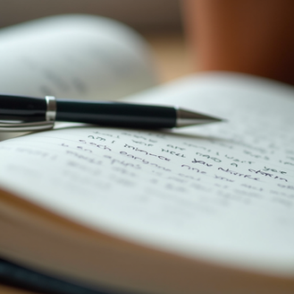 A pen rests on an open notebook filled with handwritten notes, symbolizing the imperfect yet earnest effort of crafting a modern Odyssey.