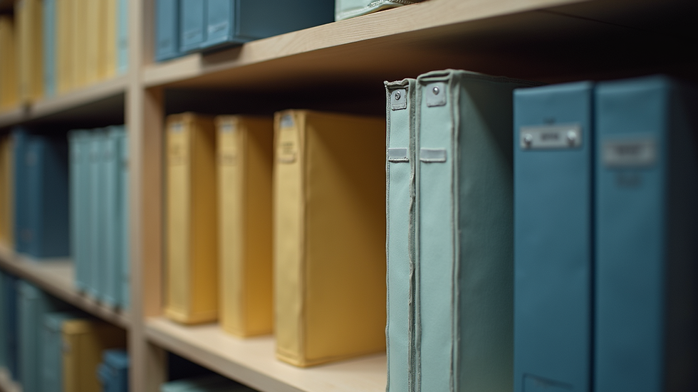 Close-up view of organized document folders on a shelf