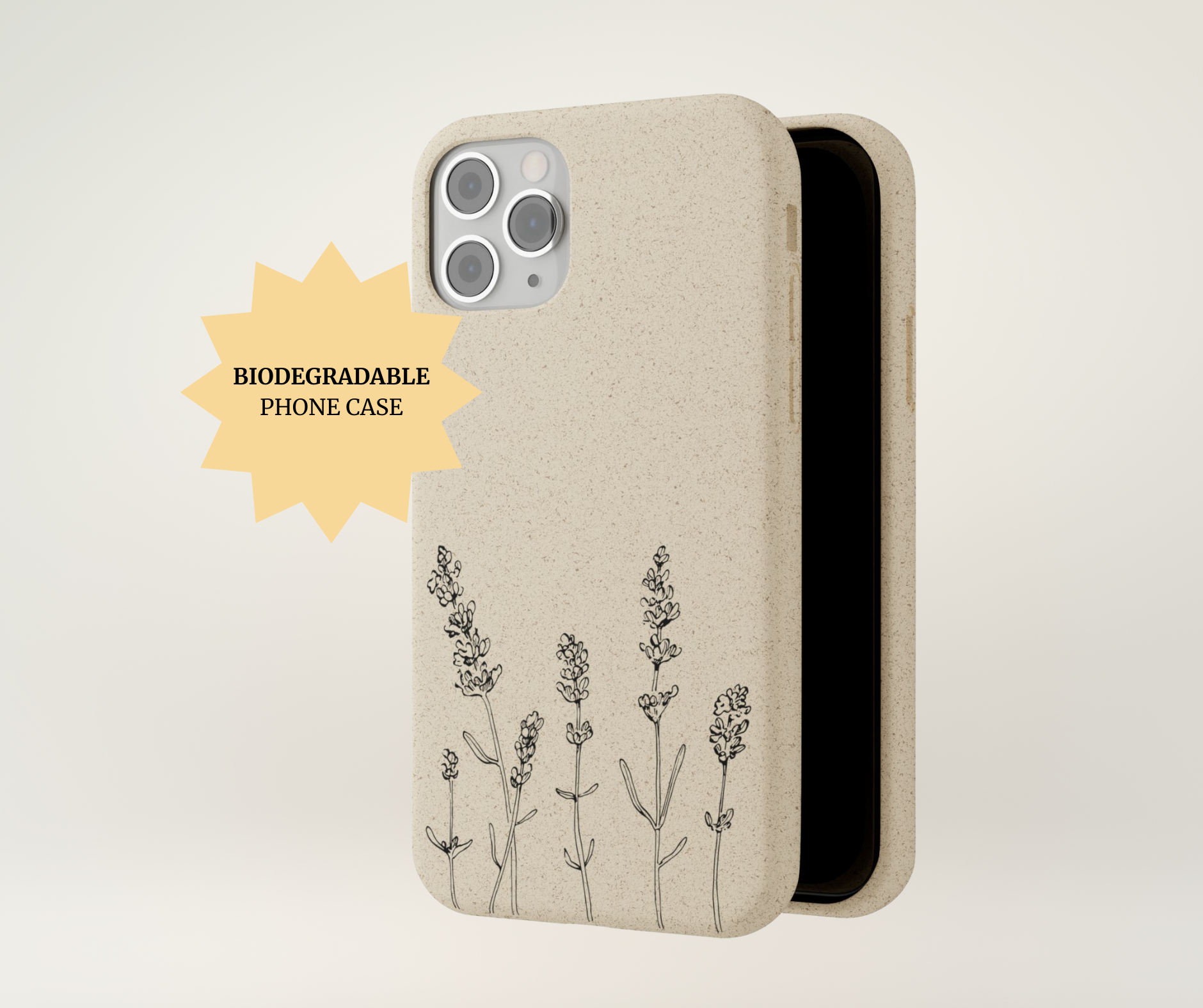 Biodegradable phone case with hand-drawn black lavender – perfect for herbalists and plant lovers.