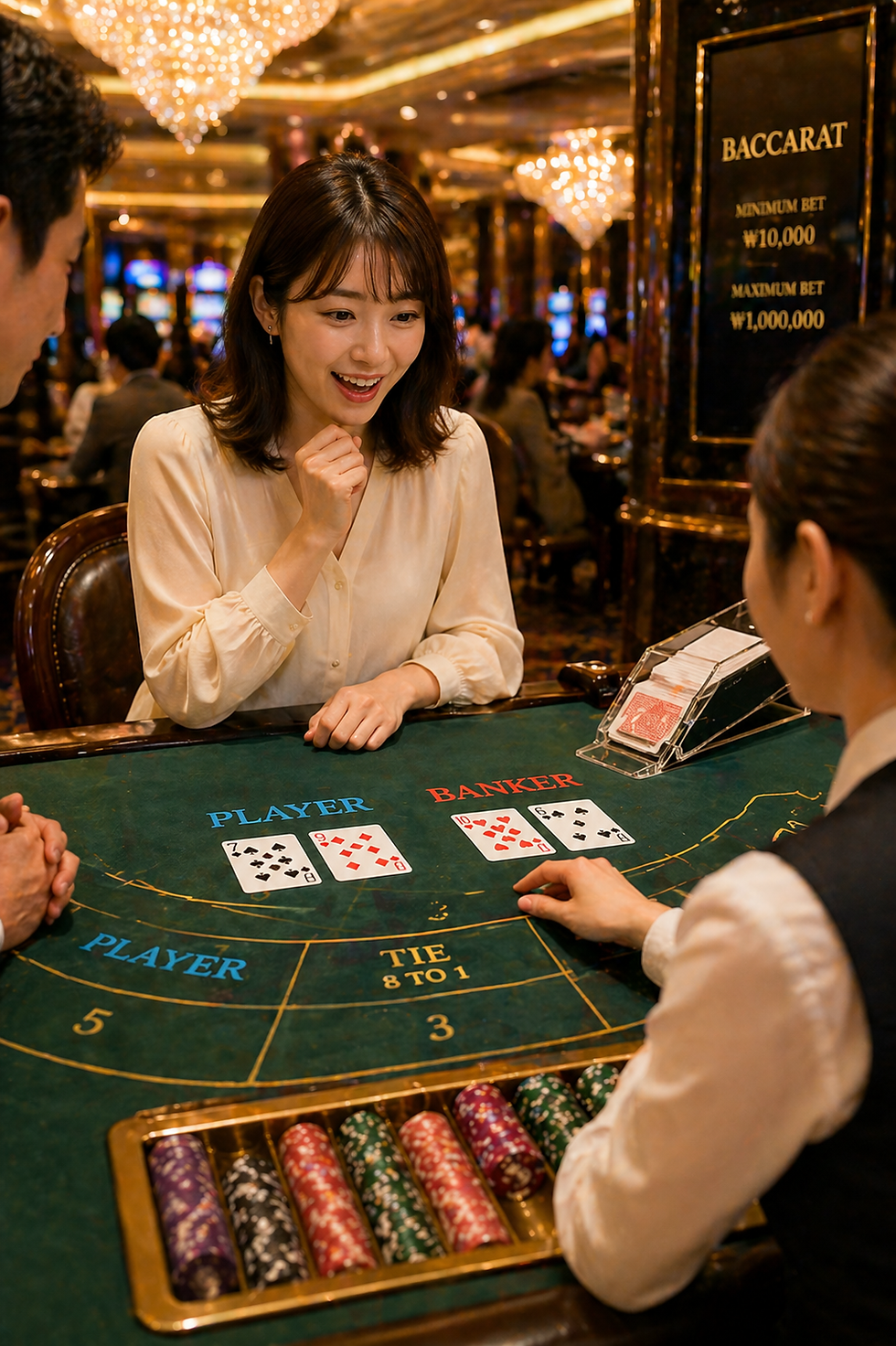 カジノでバカラをプレイ中の女性が興奮した表情。豪華なシャンデリアが輝く背景。テーブルにはカードと賭け用チップが並ぶ。