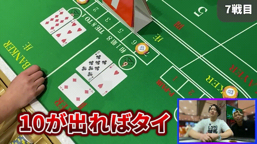 緑のブラックジャック台でカードとチップ、左に手、右下に男性2人の小窓。画面に「10が出ればタイ」「7戦目」。