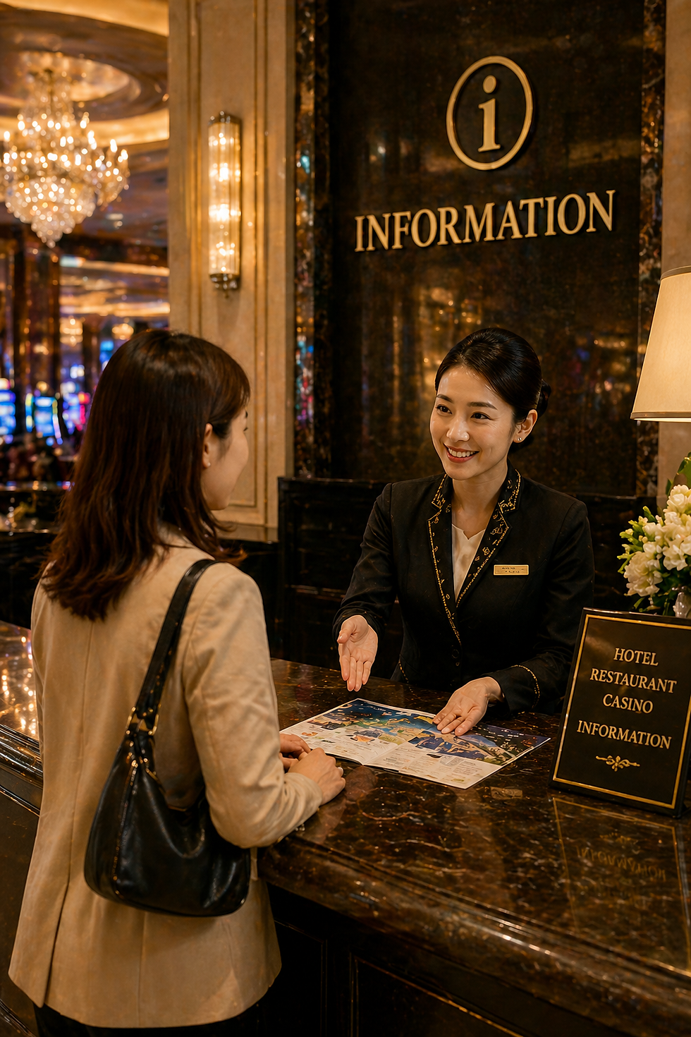 ホテルのインフォメーションデスクでスタッフが客に笑顔で案内中。背景は豪華な装飾とシャンデリア。情報の看板が見える。