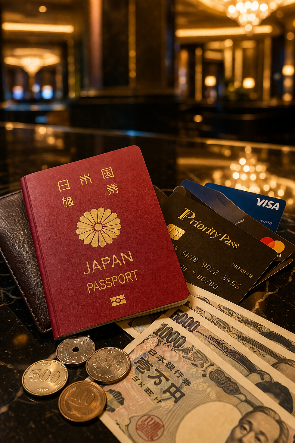 豪華な室内で、赤い日本のパスポート、クレジットカード、現金がテーブルに置かれている。背景にシャンデリアが輝く。
