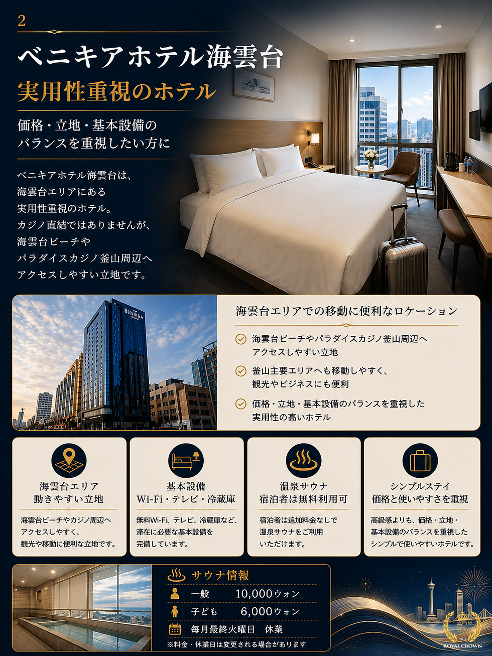 ベニキアホテル海雲台の広告。モダンなホテルの客室、都市の夜景、料金や設備詳細が記載されている。落ち着いた雰囲気。