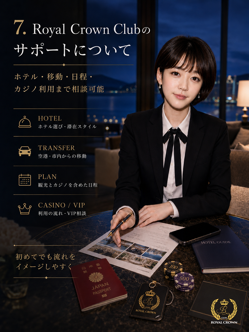 女性がテーブルに座り、書類にペンで書いている。背景に窓があり、ホテルガイドやパスポートなどが置かれている。テキストが画像の上にある。