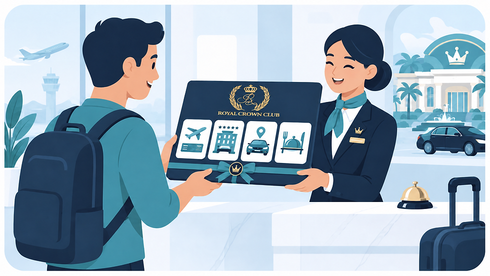 空港のラウンジ受付で、笑顔の男性が「ROYAL CROWN CLUB」の特典箱を受け取り、背後に飛行機や車、ホテルが見える。
