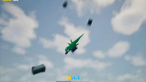 Lizard Simulator: the lizard ragdolls through the sky next to flying trash cans