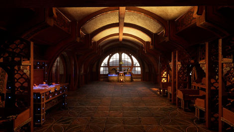 Overbrewed in-game screenshot of a warm wooden brewing hall