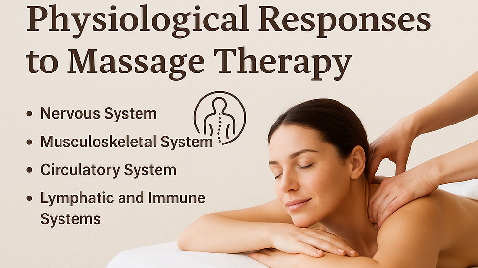 Massage therapy illustration showing a woman receiving a back massage alongside key physiological responses including nervous, musculoskeletal, circulatory, and immune system benefits