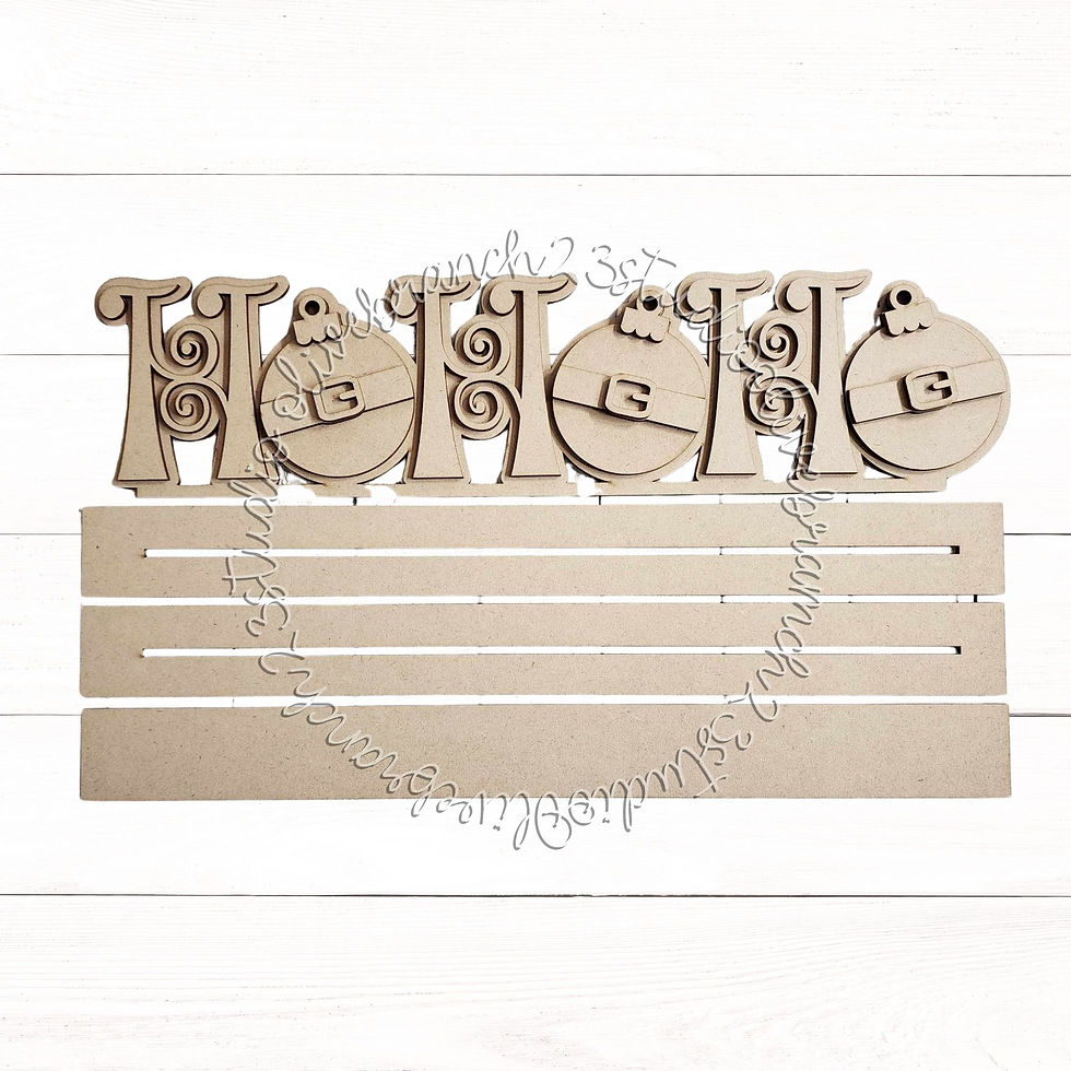 Laser-cut maple plywood, unfinished DIY Christmas wood blank, Ho Ho Ho with Santa ornaments as the "O's"