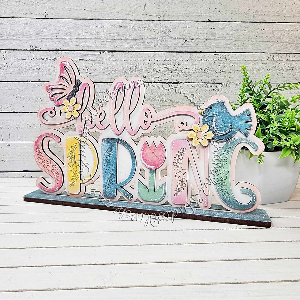 Laser-cut maple plywood, hand painted DIY Spring shelf sitter wood blank, Hello Spring with butterfly, bird and flowers