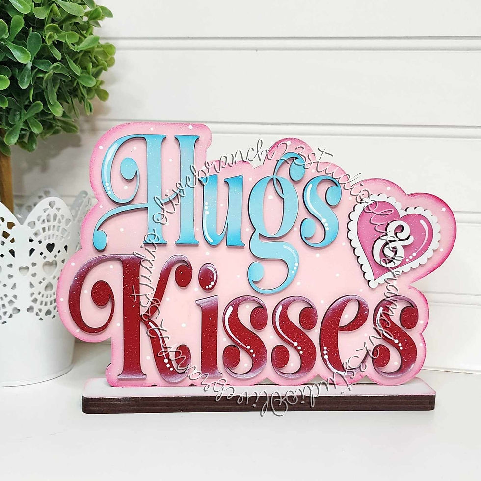 Laser-cut maple plywood, hand painted DIY Valentine shelf sitter wood blank, Hugs & Kisses with heart