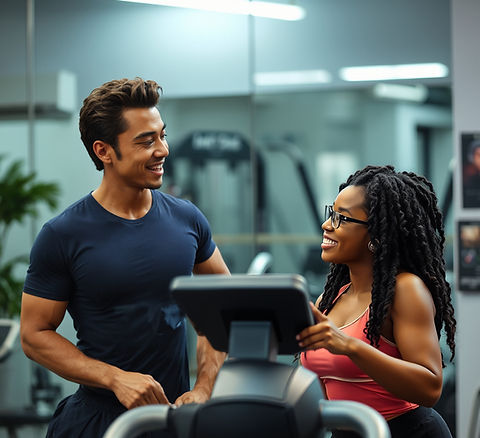a slim asian man and a happy black woman