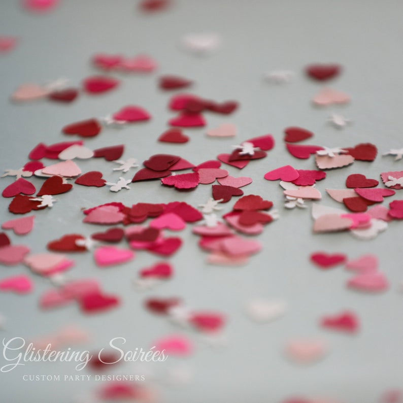 Thumbnail: Sweetheart Confetti Pinks Red and White Hearts of Varying Sizes w/ Cupid 100pcs