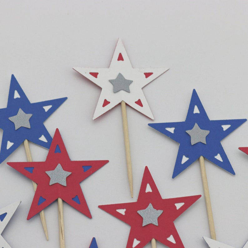 Thumbnail: Stars Cupcake Toppers 4th of July Patriotic Red White & Blue Party 12pcs. Indepe