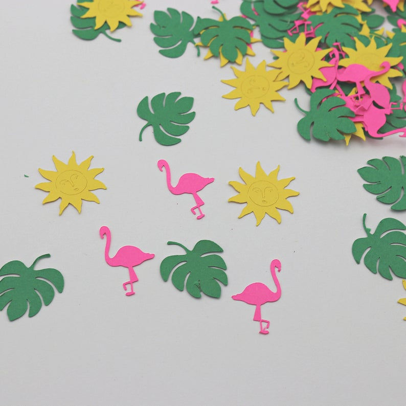 Thumbnail: Flamingo Confetti Tropical Luau Party Pink Flamingo 80pcs. Flamingos Palm Leaves