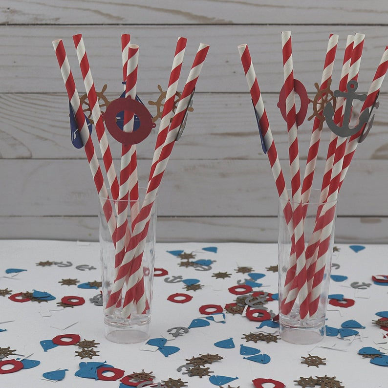 Thumbnail: Nautical Navy Paper Straws Nautical Party Navy Retirement 4 Designs 12 Straws To