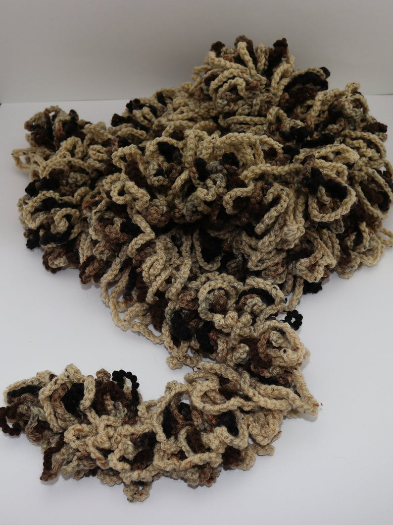 Thumbnail: Neck Scarf Hand Crocheted Extra Long and Fuzzy Browns