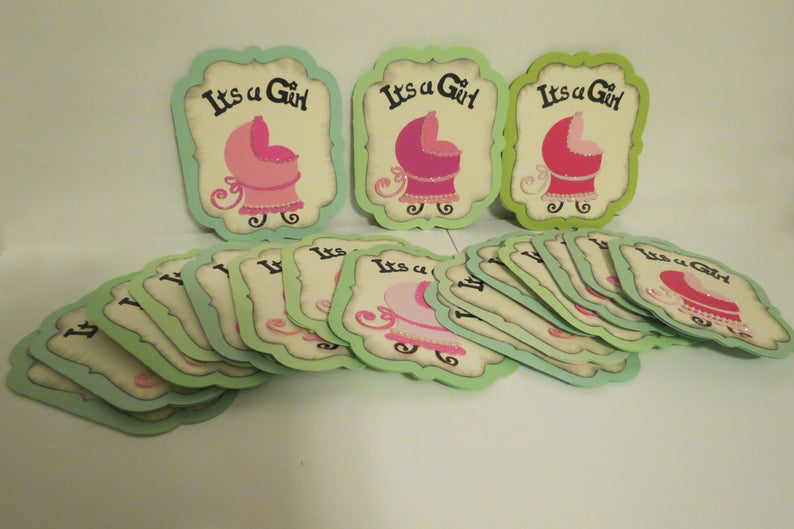 Thumbnail: Invites/Announcements Blank Cards "It's A Girl" Soft Greens Cream and Pinks Embe