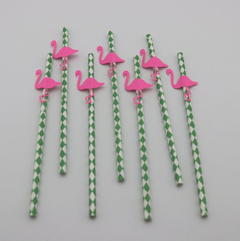 Thumbnail: Pink Flamingo on Green Striped Straws 12pcs. Tropical Luau Flamingo Party