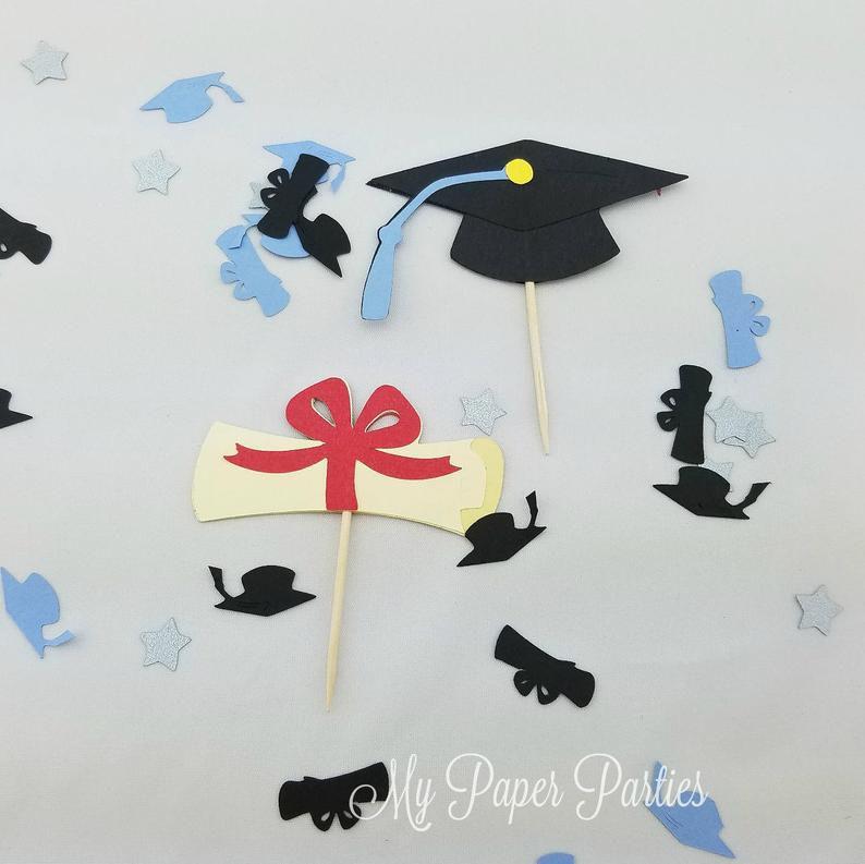 Thumbnail: Graduation Cap and Diploma Cupcake Toppers - Can be Customized with School Color