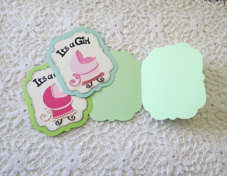 Invites/Announcements Blank Cards "It's A Girl" Soft Greens Cream and Pinks Embe