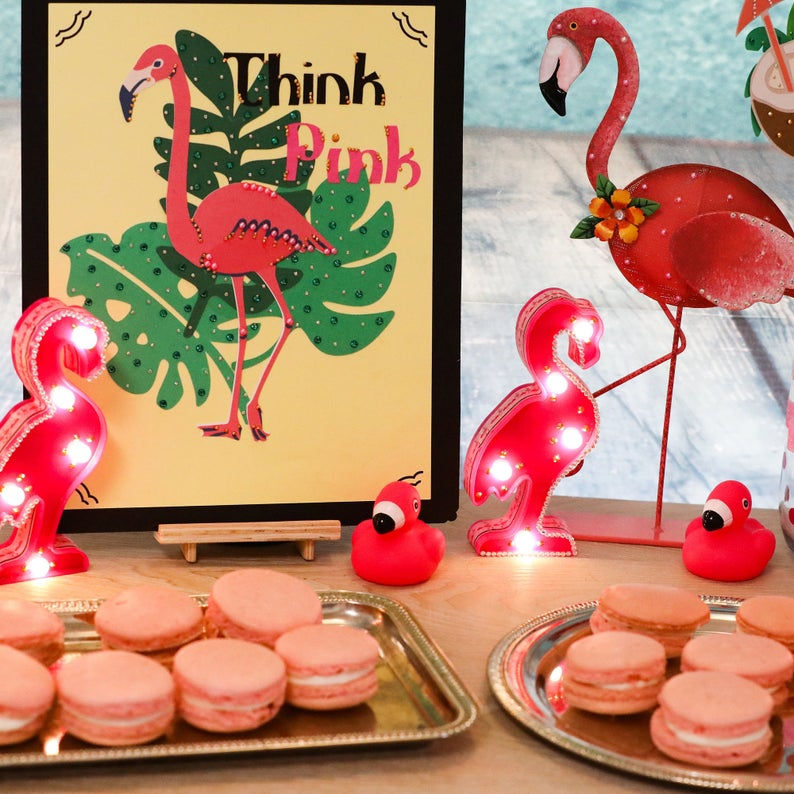 Thumbnail: Flamingo Sign "Think Pink" 11.5" x 9" Tropical Luau Flamingo Party Wall Door Dec