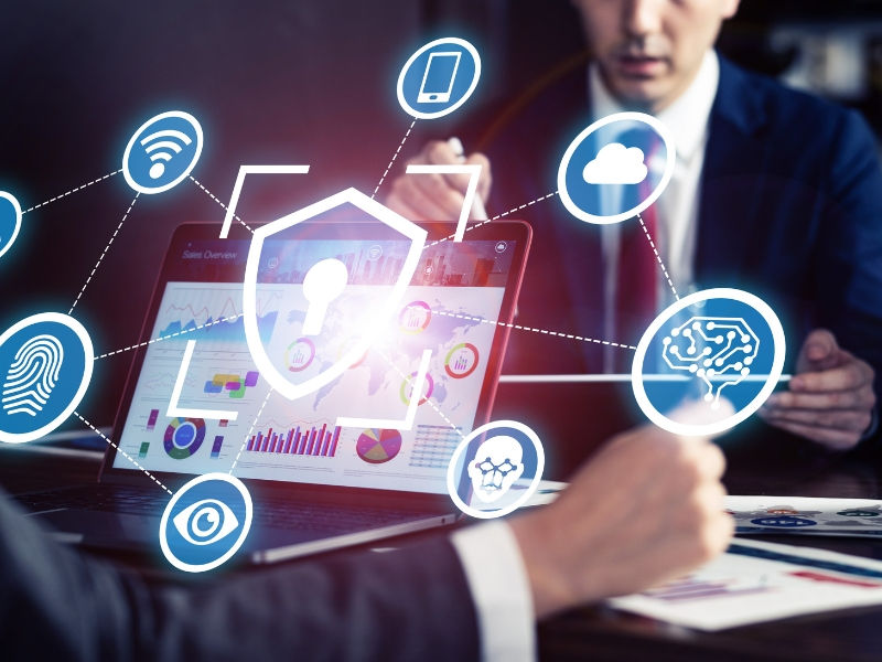 Edge AI cybersecurity concept with professionals discussing cloud security, fingerprint authentication, and AI-driven data protection.