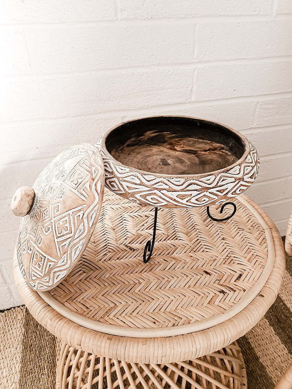 Thumbnail: Carved Tribal natural colour wooden bowl with lid on metal stand