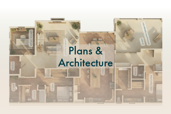 Floorplan graphic with text overlay: Plans and Architecture