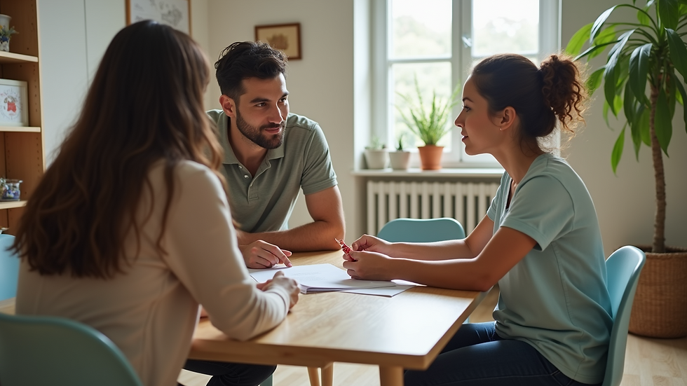 High angle view of parents talking to a childcare provider