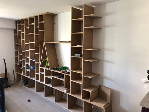 Conception, réalisation de bibliothèque sur mesure, bois massif, MDF, mélanine