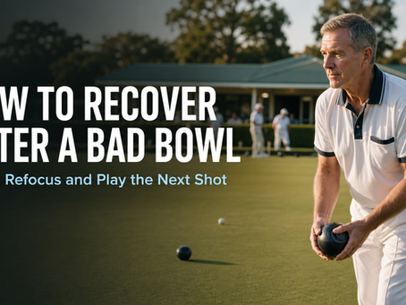 Lawn bowler calmly refocusing after delivering a bad bowl