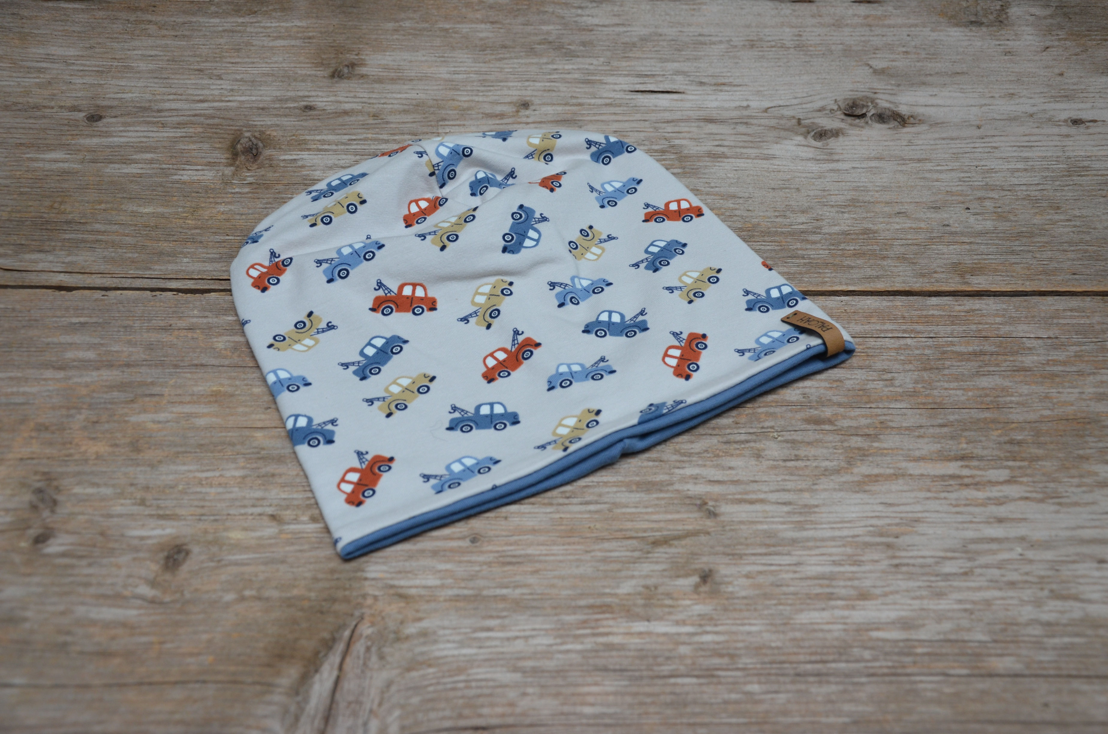 Wendebeanie beige-Trucks/rauchblau