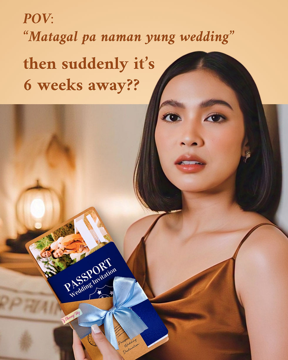 Woman in brown dress holds a wedding invitation styled as a passport. Text reads: "POV: 'Matagal pa...wedding' then it's 6 weeks away??"