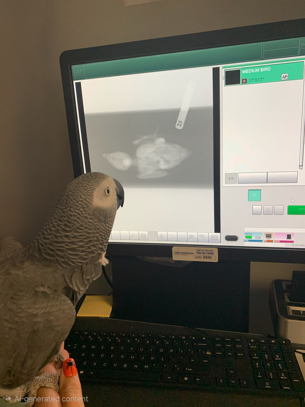 A grey parrot looking at its xray