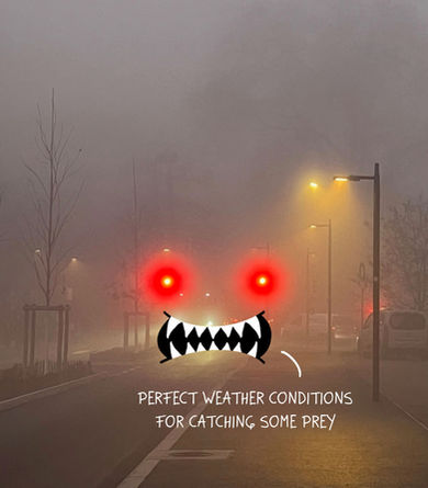a photo of two red lights resembling eyes in the fog and a mouth drawn with teeth