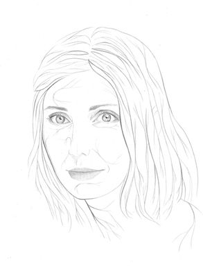 Black and white illustration of a young woman's portrait . Some pencil strokes recall the roots of a tree.