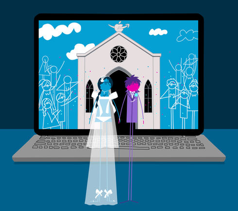 Drawing of a married couple emerging from a laptop screen.