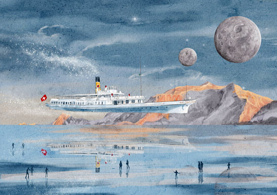 Watercolor illustration of a Swiss steamer boat flying above a frozen lake with mountains and two moons in the background.