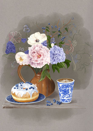 Illustration of a floral composition in a vase, a blueberry donut and a papercup coffee decorated in Delft blue patterns in the style of a seventeen century flemish still life painting.