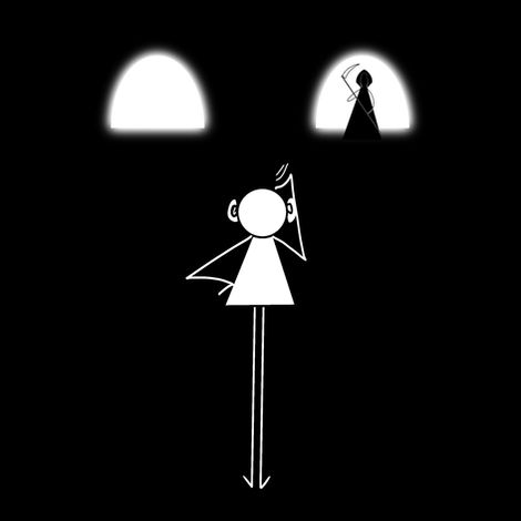 a drawing of a person in the dark, hesitating in front of the entrance to two tunnels.