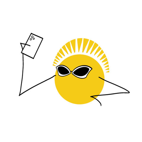 a drawing of a sun wearing sunglasses taking a selfie.