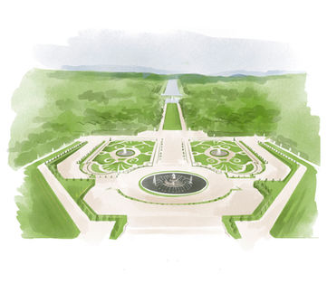 Watercolor illustration of the Versailles gardens.