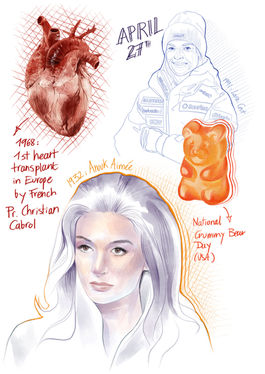 Illustration portraits of Anouk Aimee, Lara Gut, a gummy bear and an anatomical heart.